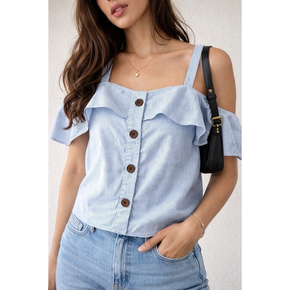 Maeve Anthropologie Womens Sz 4 Blue Stripe Off Shoulder Ruffle Top Button Front